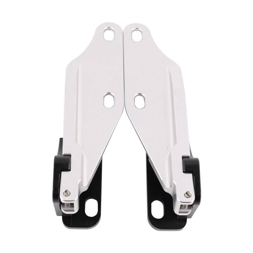 Hood quick release hinge latch pair, silver arms with black base brackets and plates
