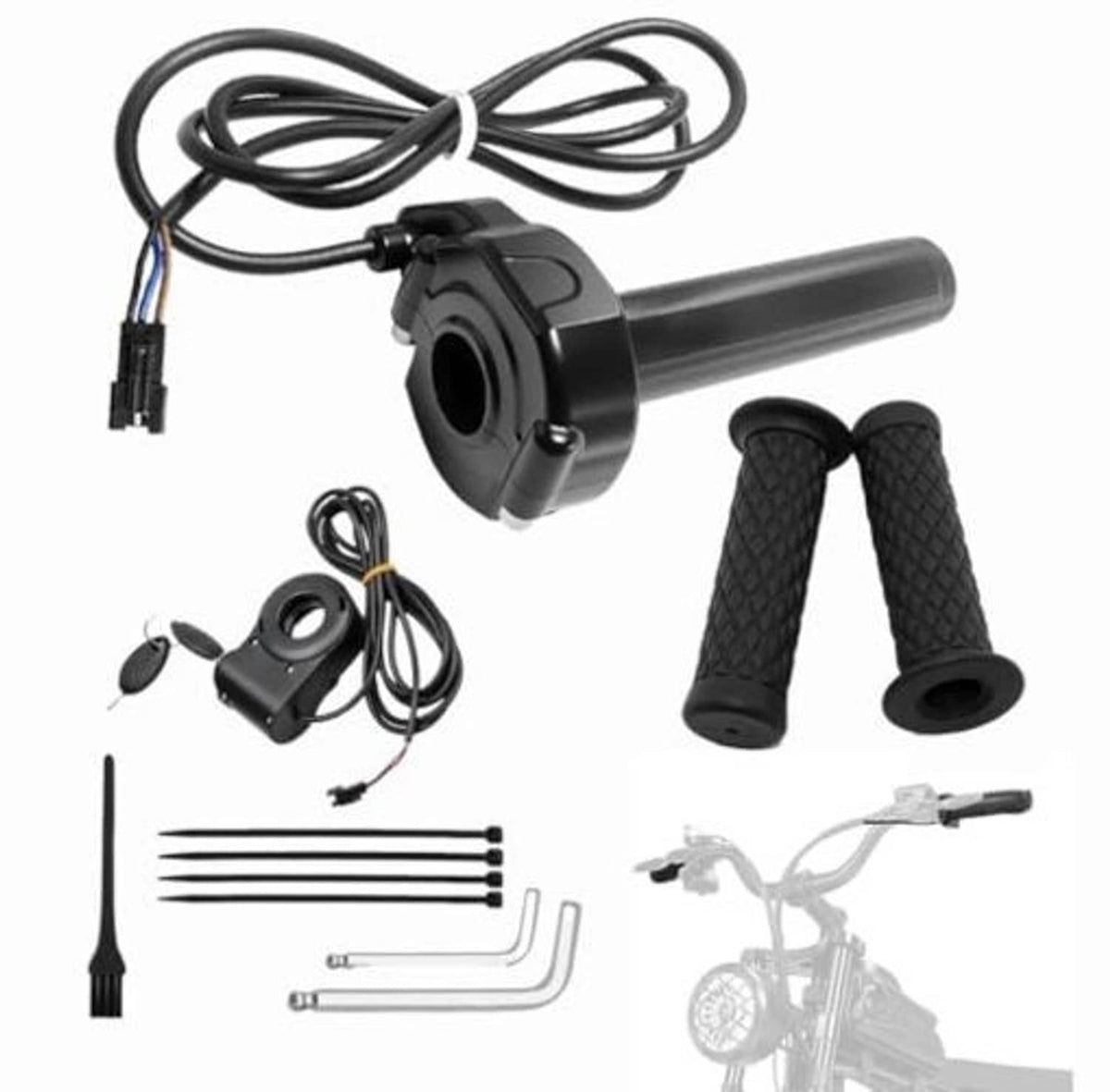 Black twist throttle with key ignition and textured handlebar grips, cable harness included