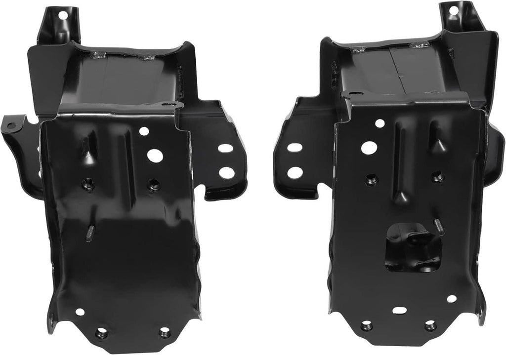 Front bumper reinforcement impact bracket set, black metal plates with mounting cutouts and holes