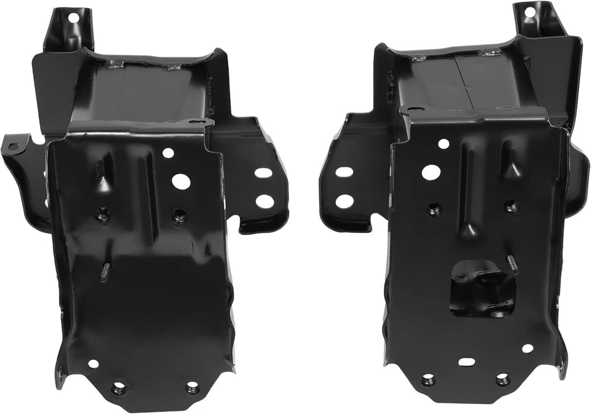 Front bumper reinforcement impact bracket set, black metal plates with mounting cutouts and holes