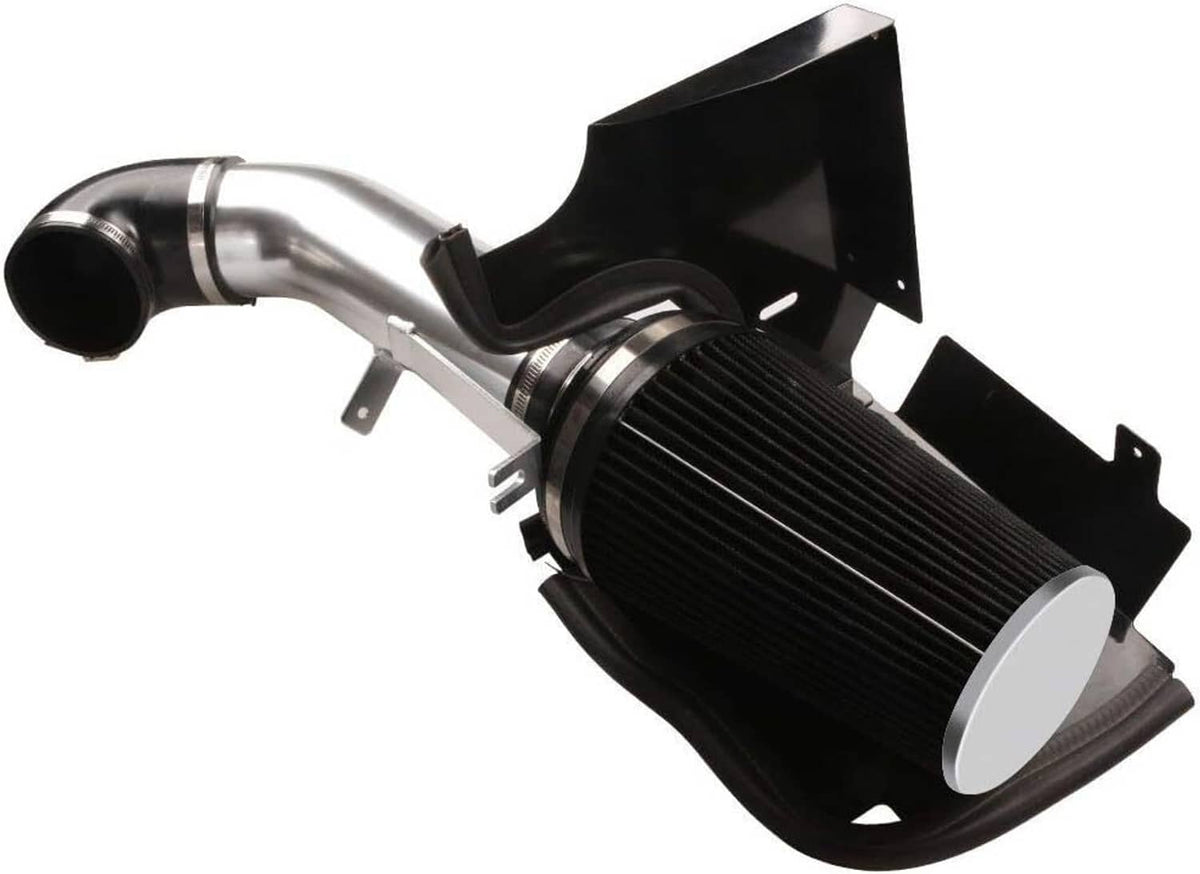 Cold air intake kit with 4-inch cone air filter and heat shield, black and silver pipe