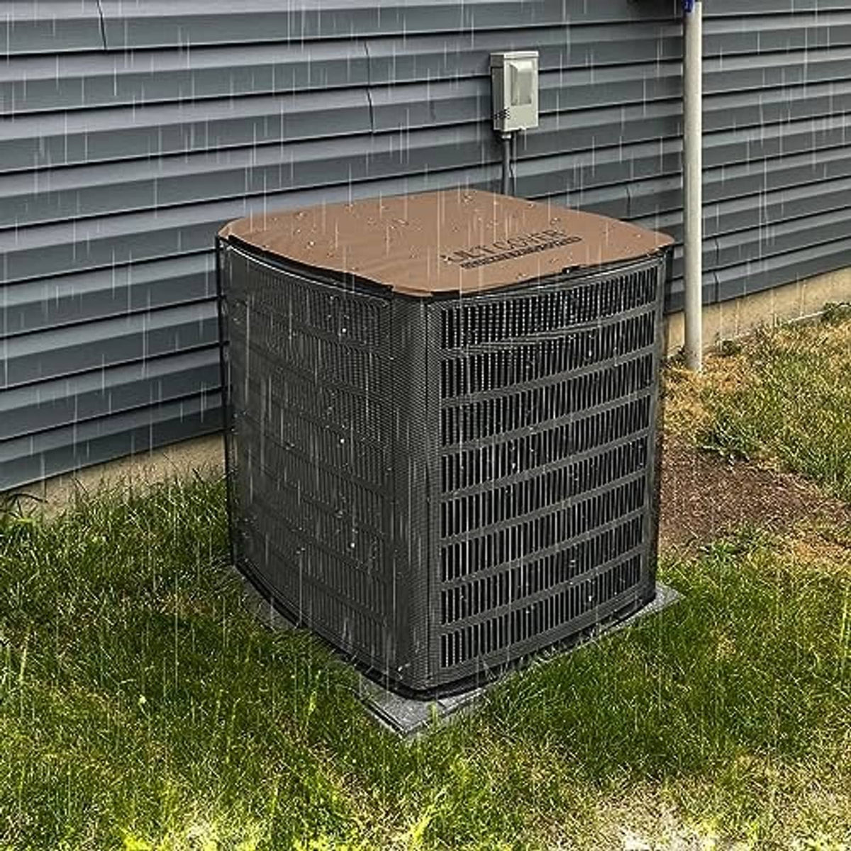 Square air conditioner cover with brown top and dark mesh for outdoor units