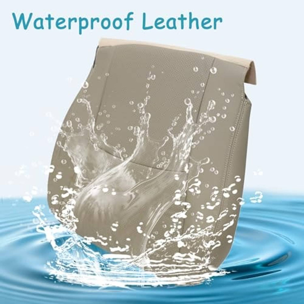 Tan perforated leather seat cover with water-resistant textured surface