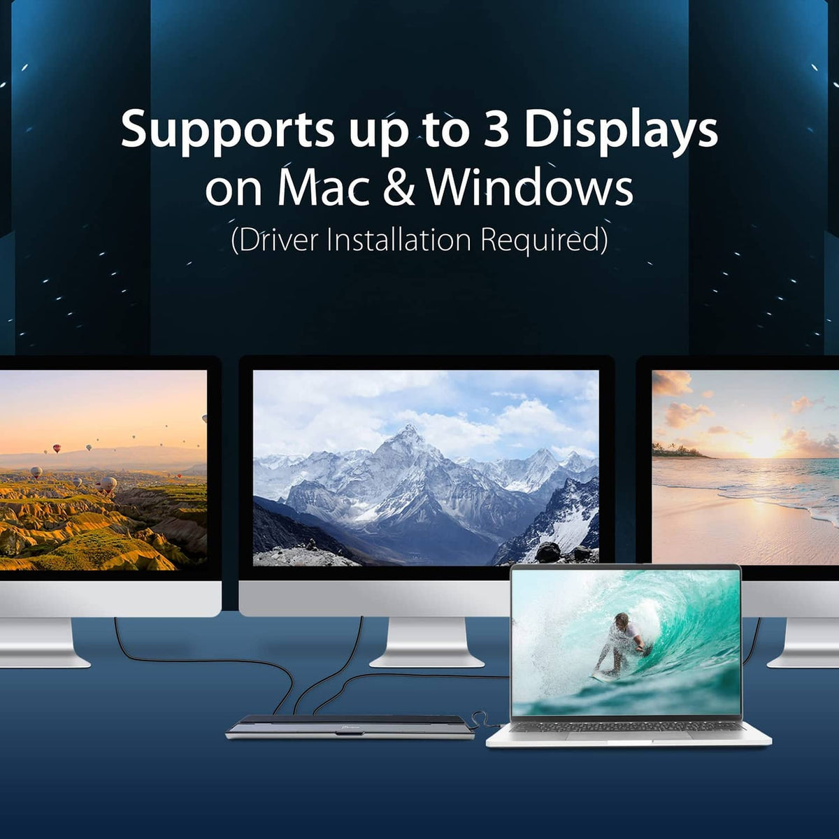 USB-C docking station supporting up to three displays, shown between connected monitors