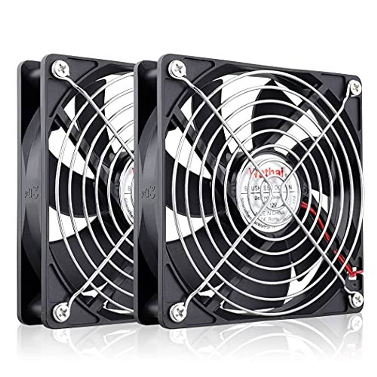 Dual-pack black 120mm case cooling fans with circular blade grilles and 2-pin cable