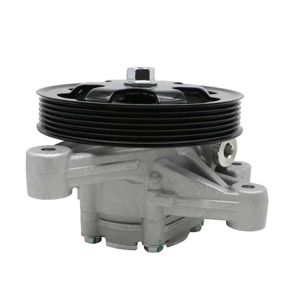 Power steering pump with pulley, gray housing and black belt pulley top