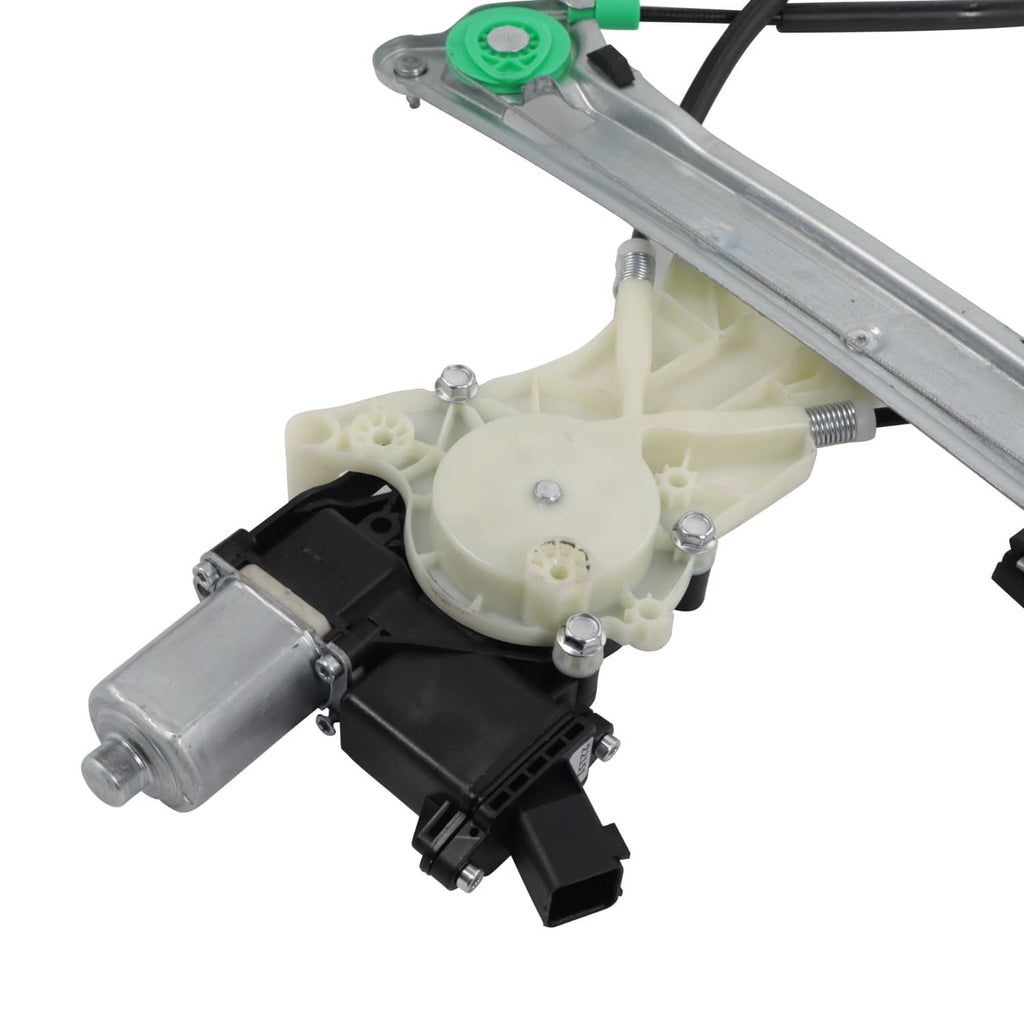 Window motor module with white plastic housing and black connectors on silver regulator frame