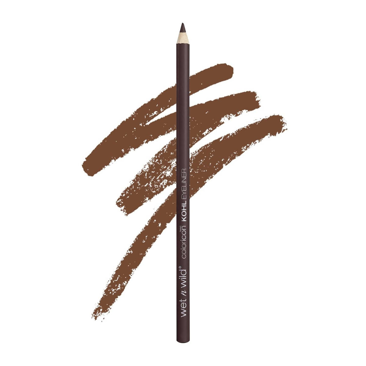 Brown kohl eyeliner pencil with angled tip and rich brown swatch lines