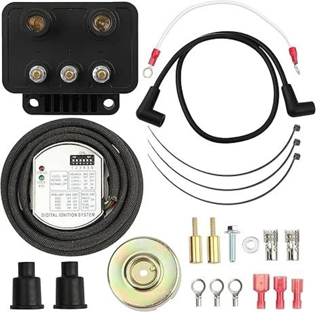 Ignition kit close-up with black control unit, ignition sensor, wiring harness, and coils