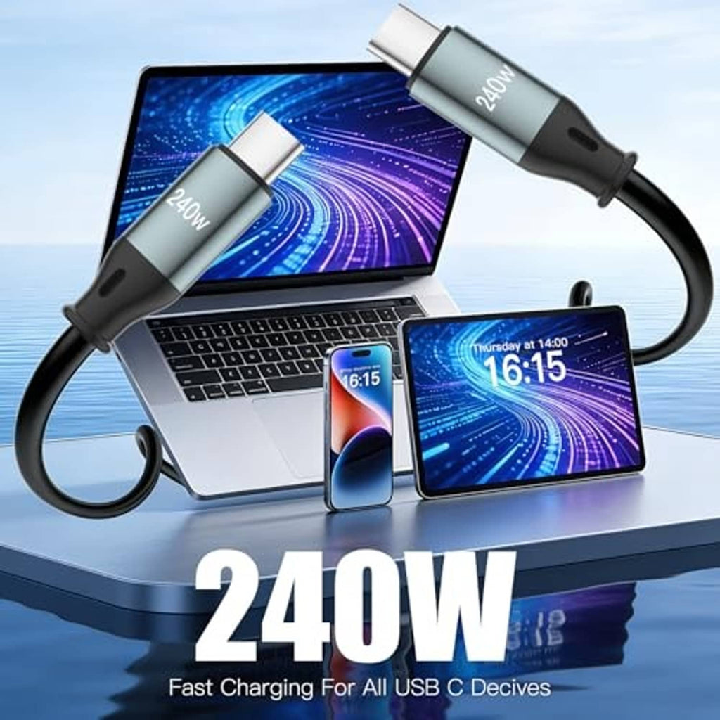 Coiled black USB-C to USB-C cable with connectors plugged into laptop and phones