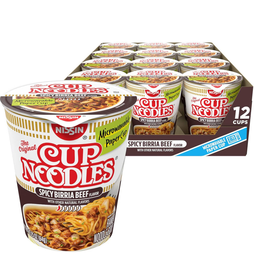 Spicy birria beef Cup Noodles multipack cups in cardboard tray
