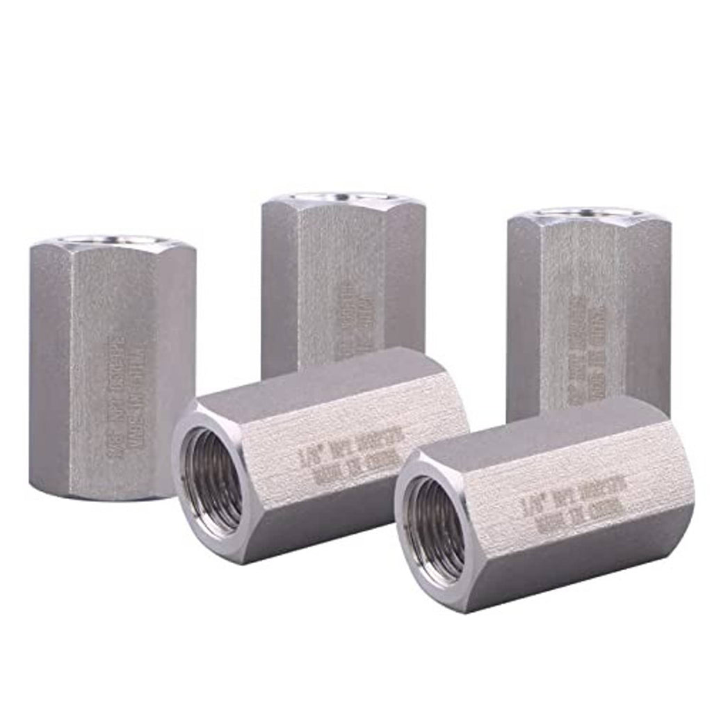 Three stainless steel full hex couplings with 1/8" NPT female threads
