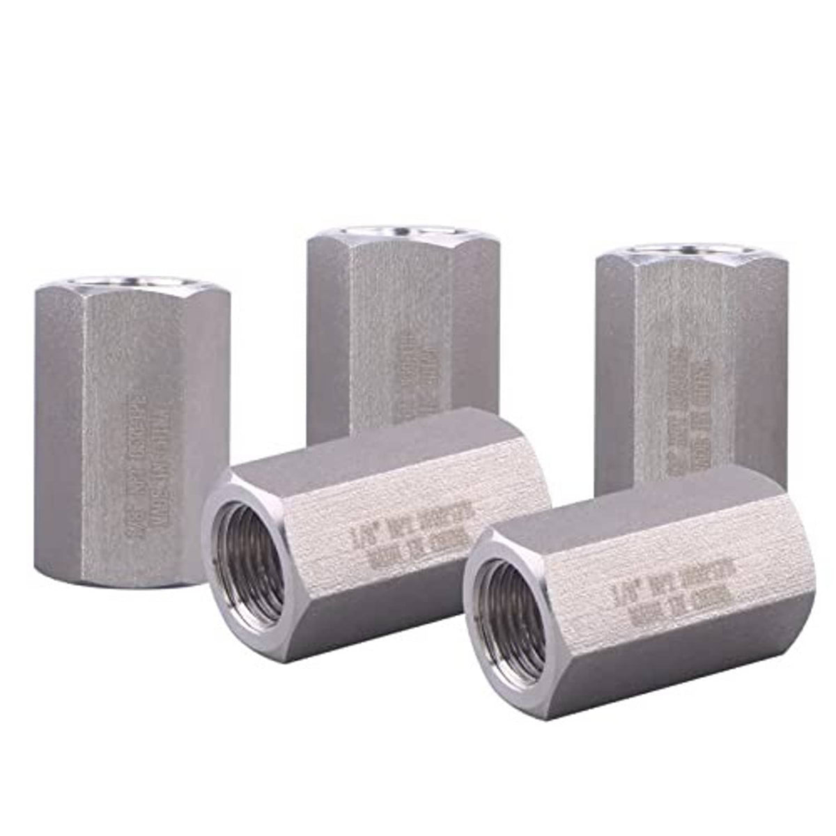 Three stainless steel full hex couplings with 1/8" NPT female threads