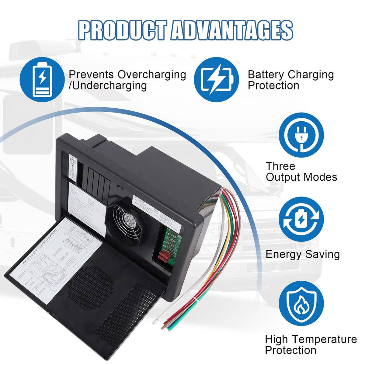 RV power converter battery charger open with fan, wiring bundle, and control board
