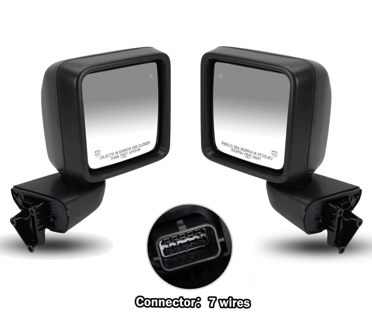 Pair of black blind spot mirrors with square glass and wire connector port