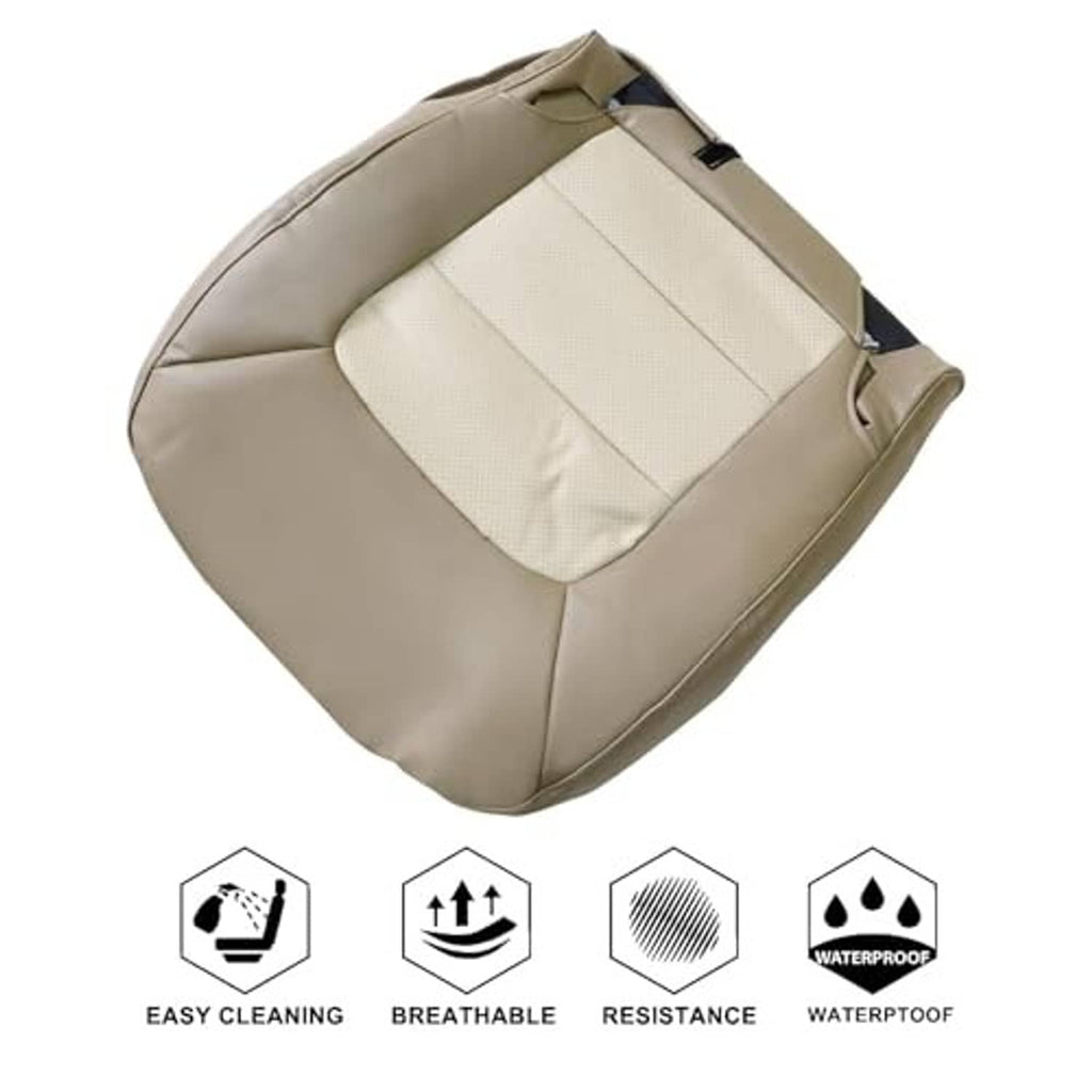 Tan two-tone seat cover with contoured back and stitched center insert.