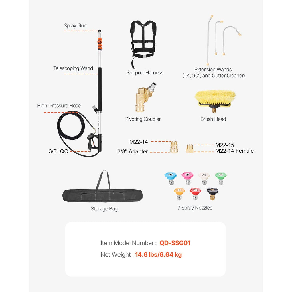 Pressure washer wand kit diagram: telescoping wand, hose, harness, extension wands, brush