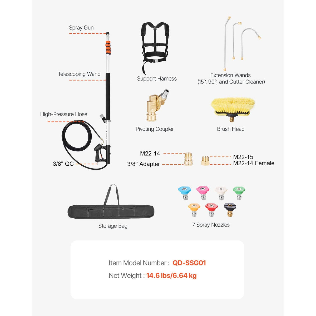 Pressure washer wand kit diagram: telescoping wand, hose, harness, extension wands, brush