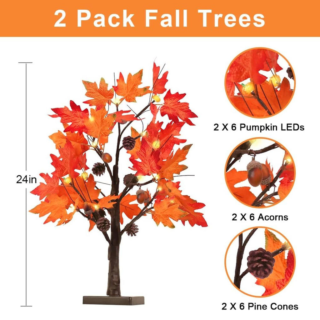 Two-pack fall tree decor with orange maple leaves and built-in warm LEDs