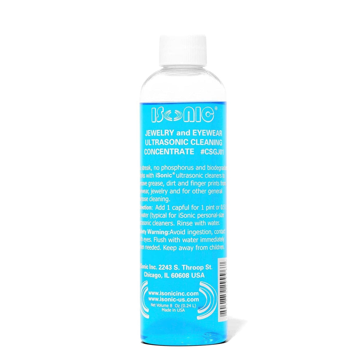 Ultrasonic jewelry and eyeglass cleaning solution concentrate bottle with blue liquid