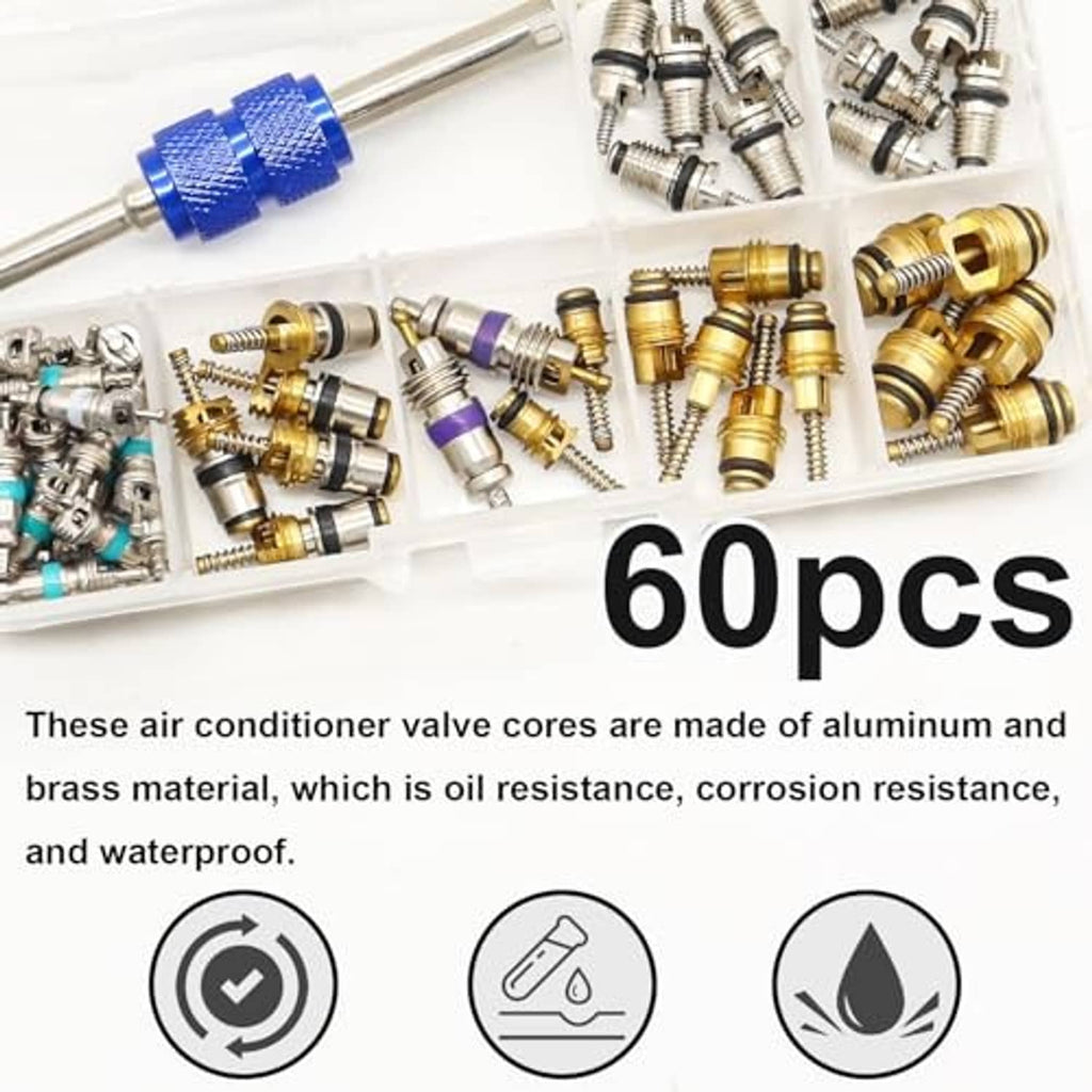 60-piece air conditioner valve cores set with blue remover tool and brass/silver cores