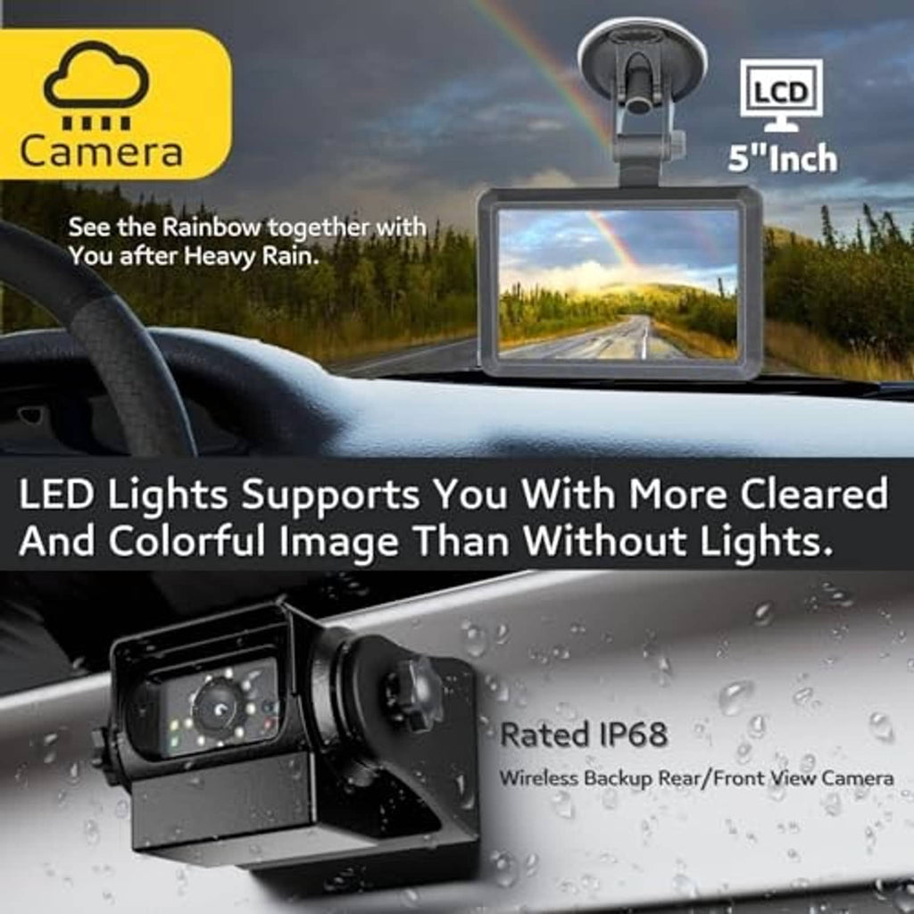 Wireless backup camera with 5-inch LCD monitor, raindrop-protected black camera units