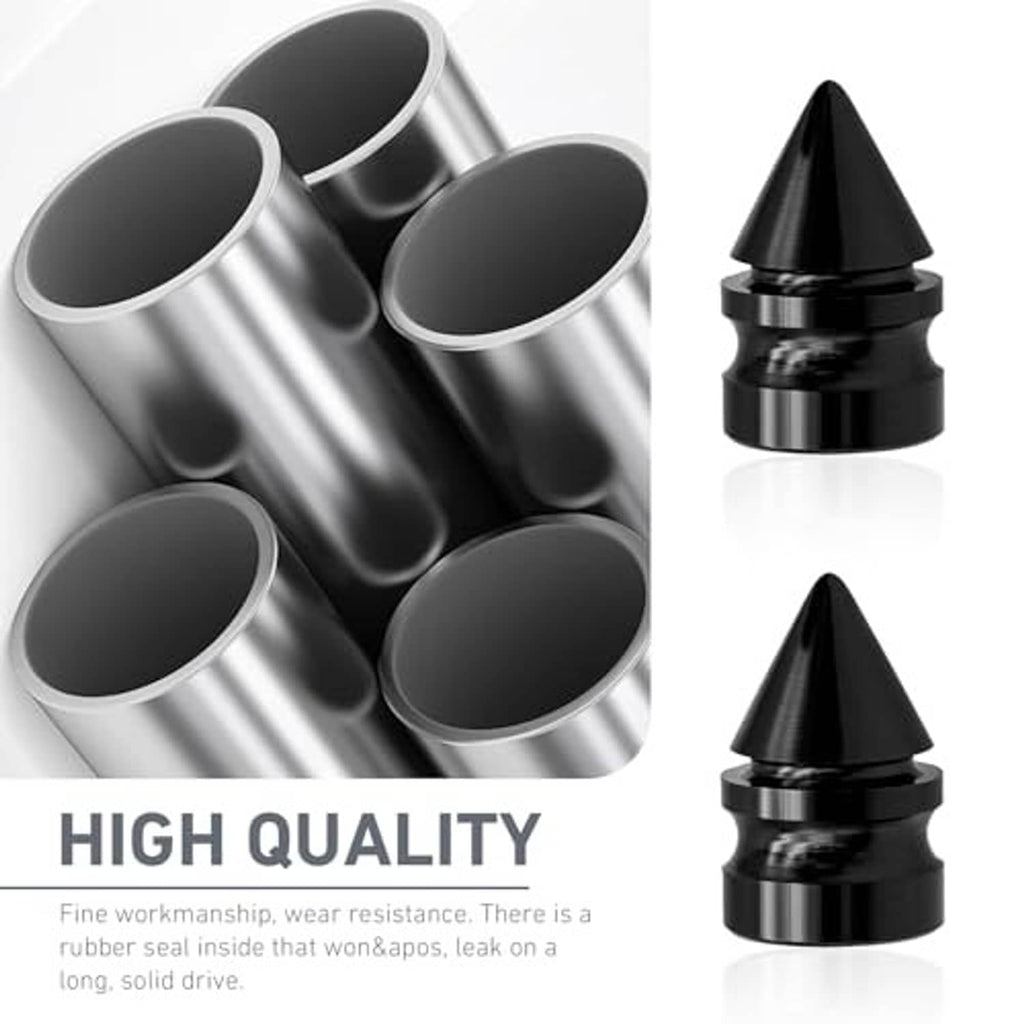 Black spike tire valve stem caps set, cone tops and ribbed threaded bases