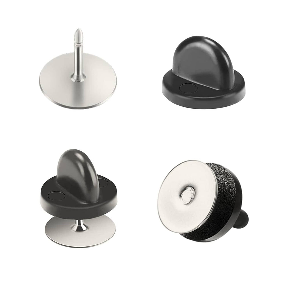 Tie tack pin set: silver round base with metal post and black rubber clasp back