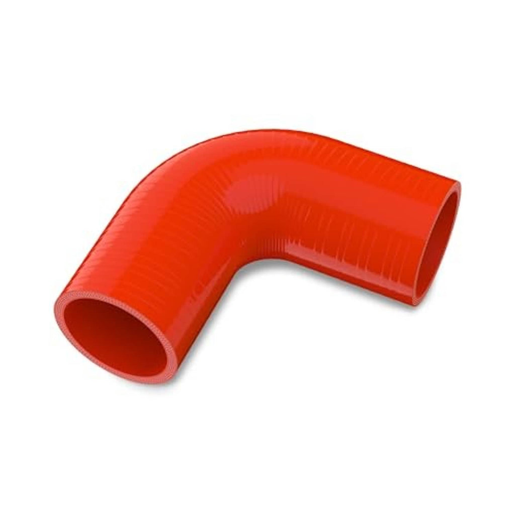 90° elbow silicone hose coupler in red-orange with ribbed curved tube ends.