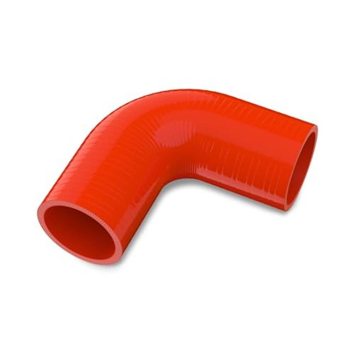 90° elbow silicone hose coupler in red-orange with ribbed curved tube ends.