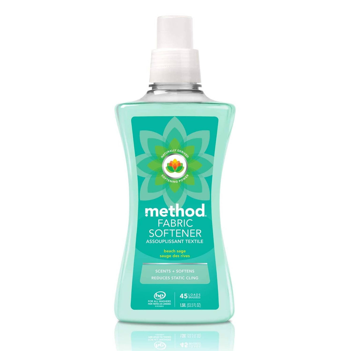 Method fabric softener bottle, beach sage teal green with flip-top sprayer cap