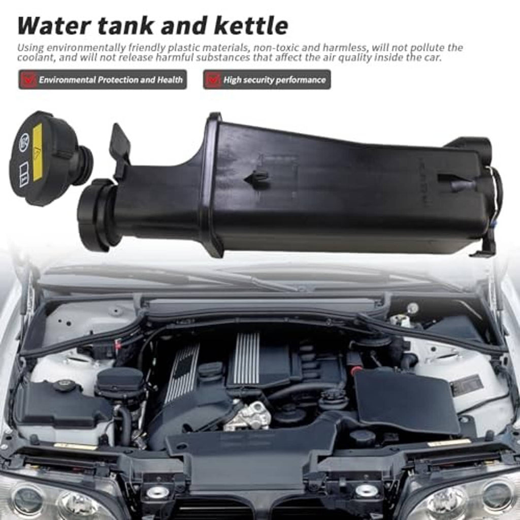 Engine coolant overflow recovery reservoir tank installed in engine bay with hoses