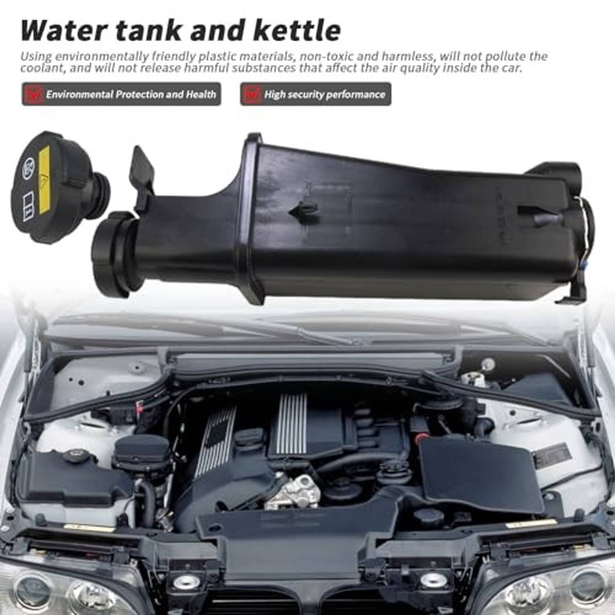 Engine coolant overflow recovery reservoir tank installed in engine bay with hoses