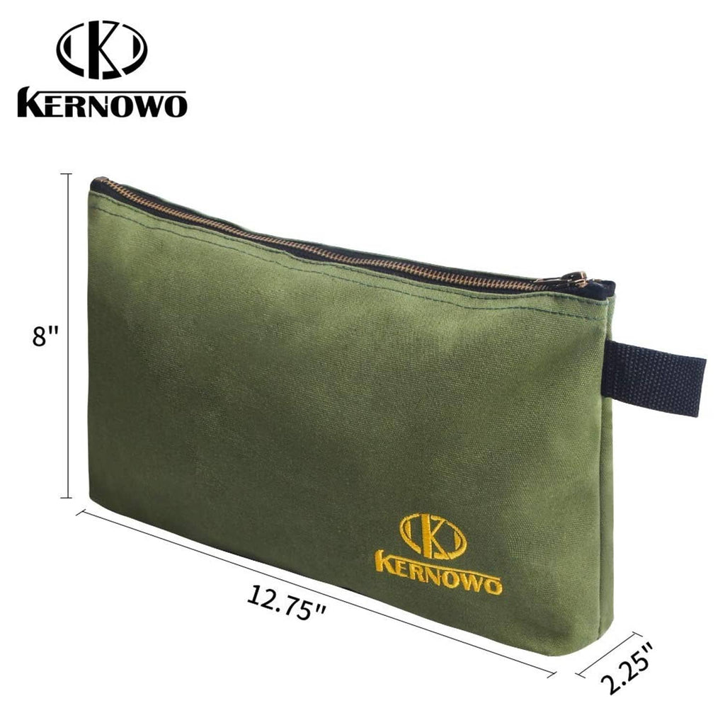Olive green canvas zipper pouch with embroidered logo, 8 in height