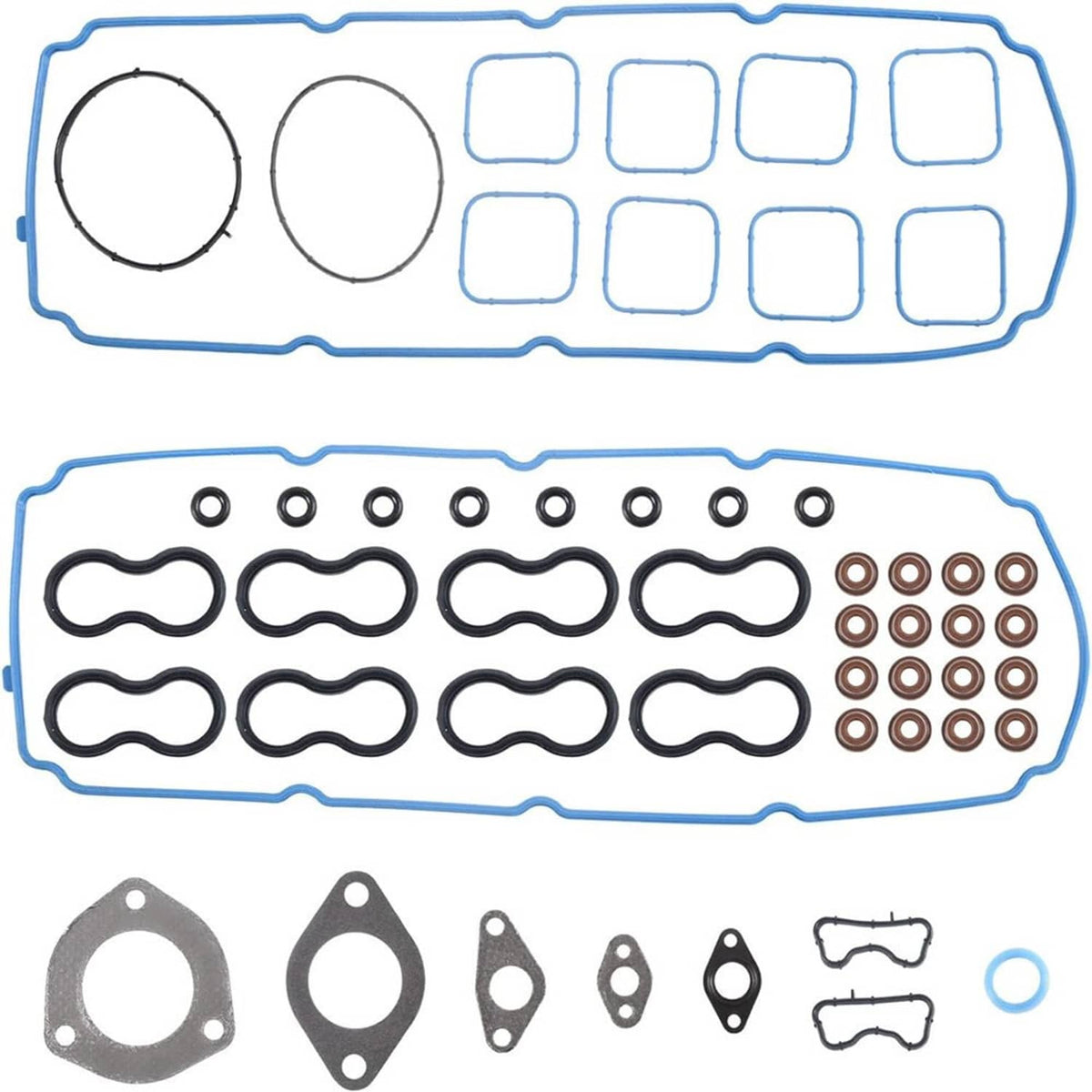 Blue engine gasket sheet with seal shapes, O-rings, and small hardware
