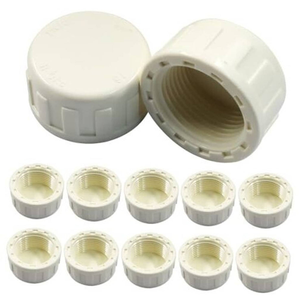 White PVC female-thread end caps, two shown with threaded openings and protective covers