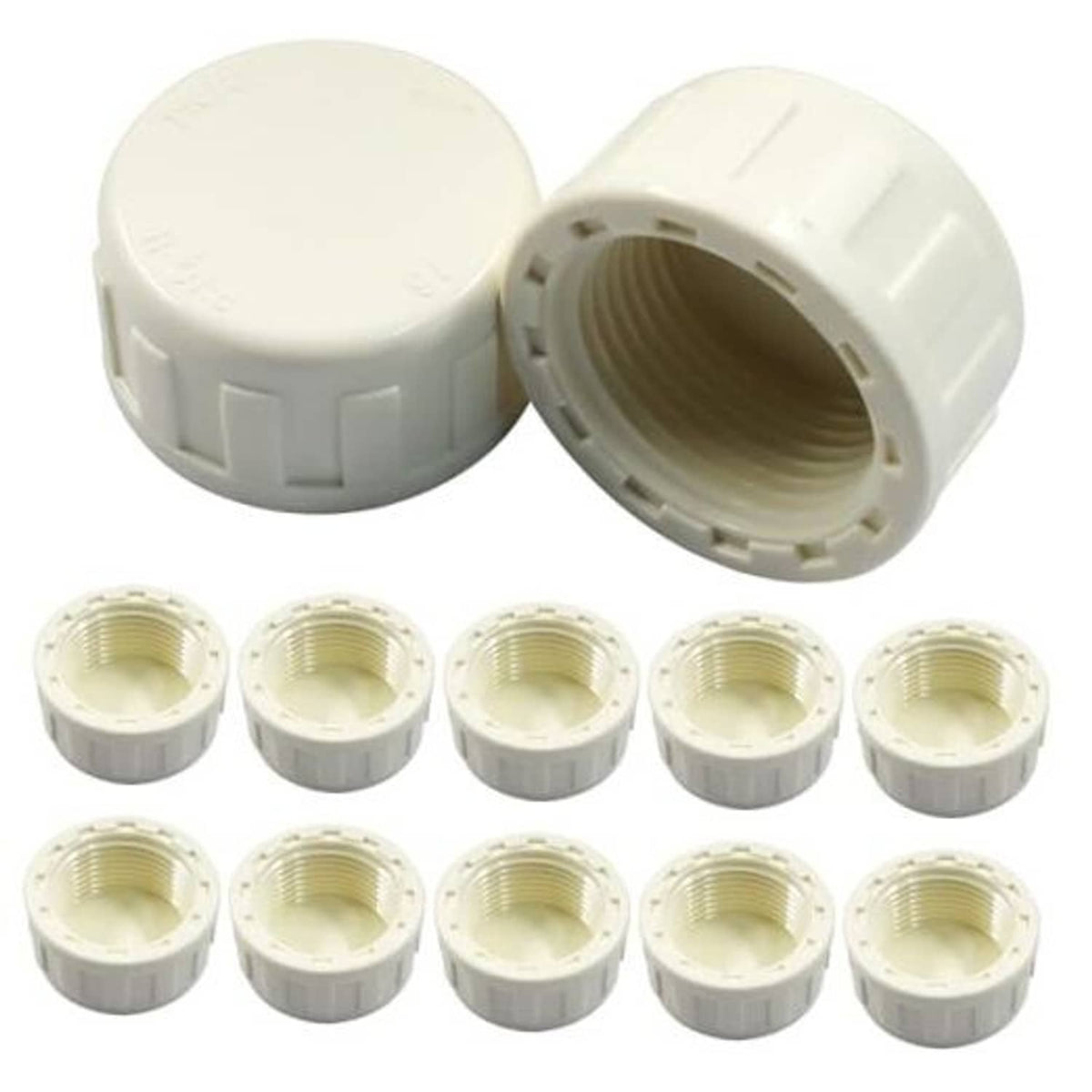 White PVC female-thread end caps, two shown with threaded openings and protective covers