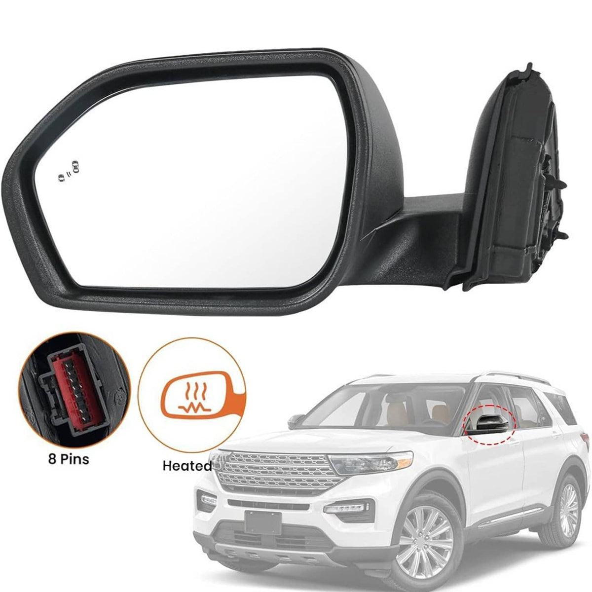 Heated power folding side mirror, left driver side, black housing