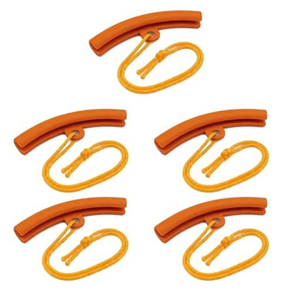 Five-piece orange rim protector set with yellow cords and metal hooks