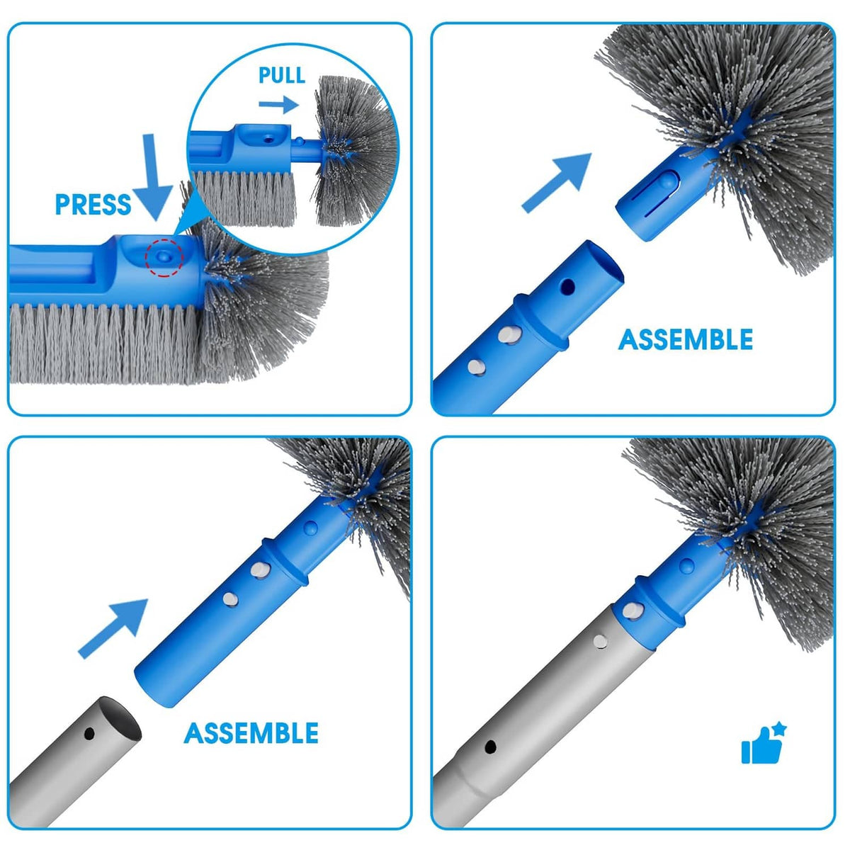 Blue pool brush head and pole pieces shown assembled with dense grey bristles