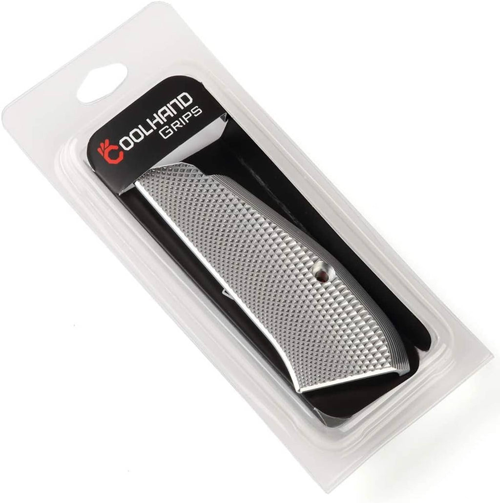 Aluminum grip panels in retail blister packaging, silver diamond checkered texture visible