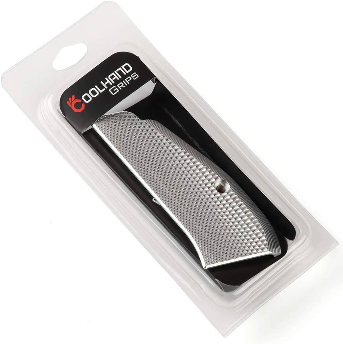 Aluminum grip panels in retail blister packaging, silver diamond checkered texture visible