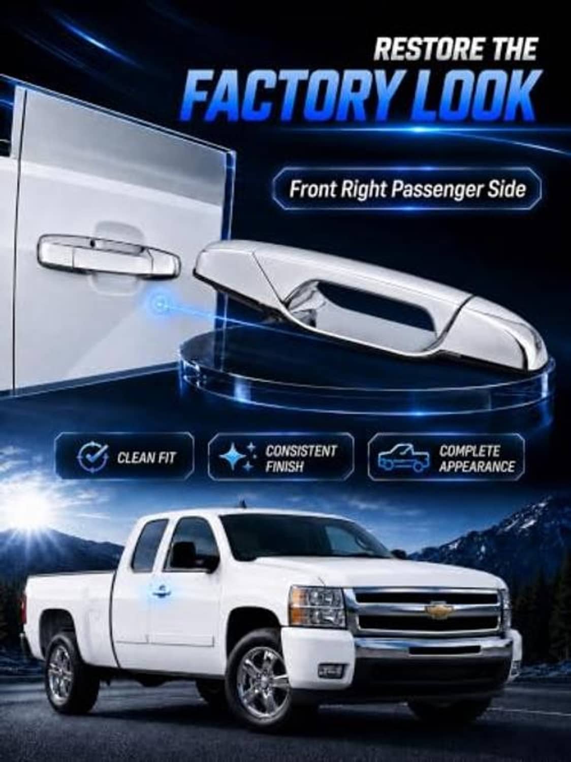 Chrome front right passenger door handle mounted on a white pickup