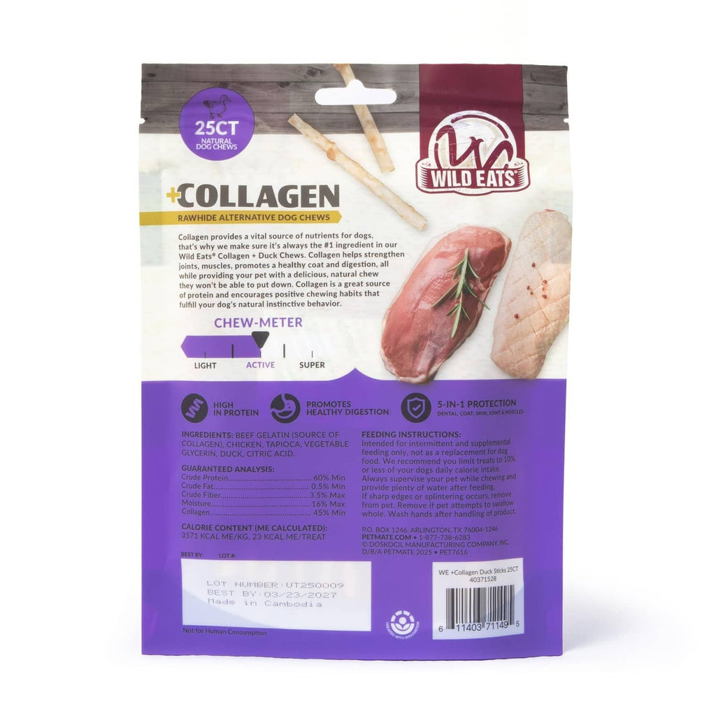 Back of Wild Eats collagen duck chew sticks bag with ingredient information