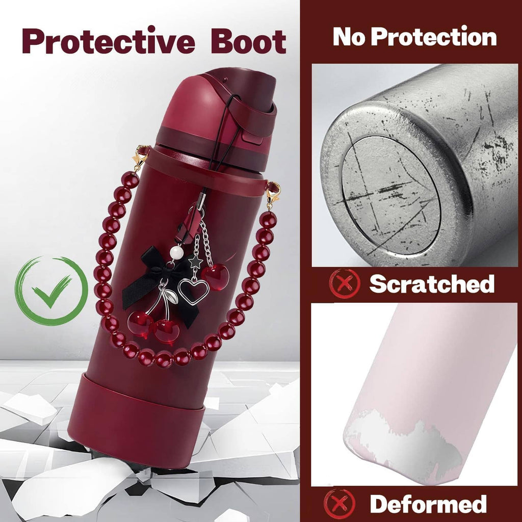 Maroon water bottle protective boot accessory with pearl-bead charm lanyard