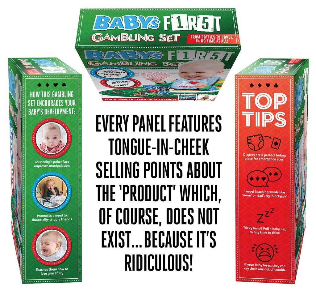 Multicolor prank gift box side panels with baby photo and playful selling-point graphics