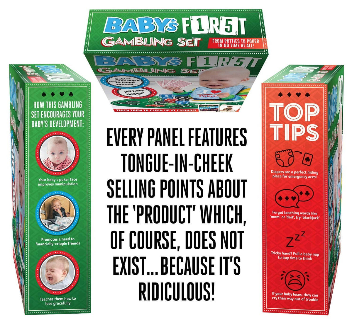 Multicolor prank gift box side panels with baby photo and playful selling-point graphics