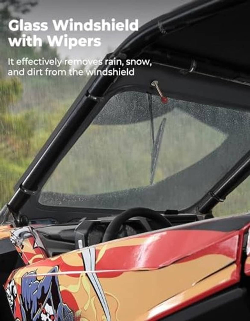Black-framed glass windshield with installed manual wiper blade
