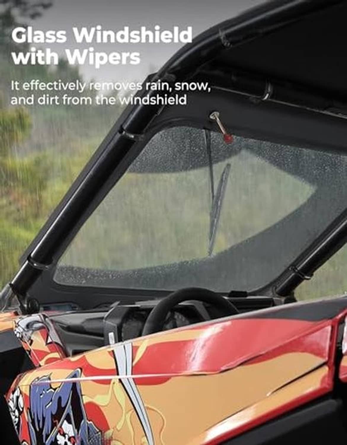 Black-framed glass windshield with installed manual wiper blade