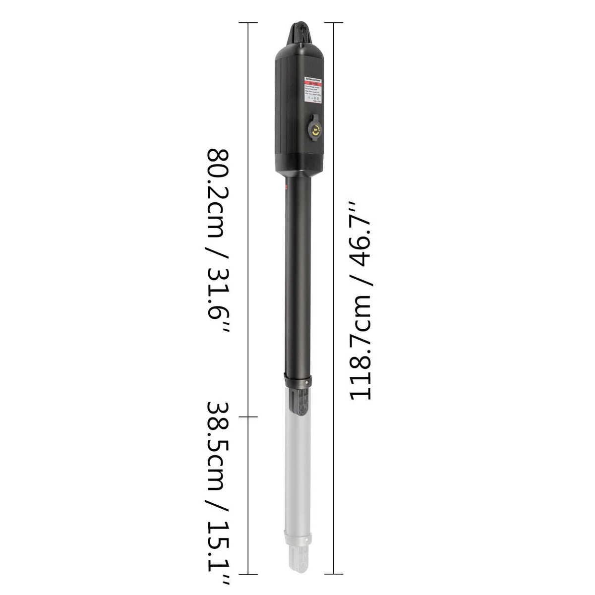 Automatic gate opener size diagram with height and diameter measurements on motor arm